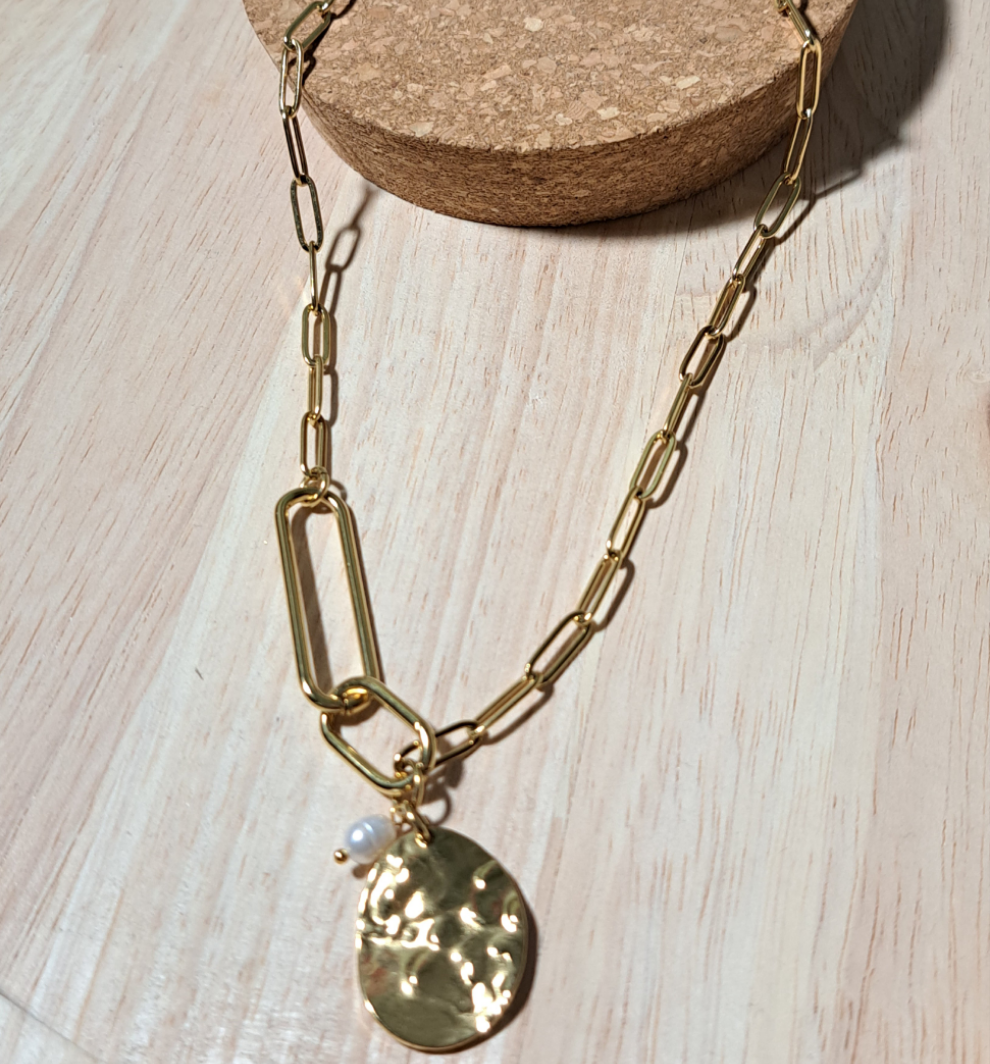 Collier Chaîne Rectangle & Médaillon Martelé